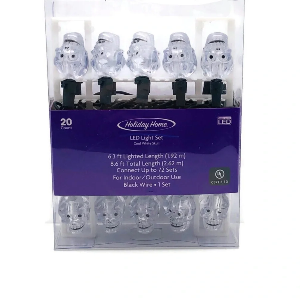 Skull 20 Count String Lights LED Halloween 8 Foot Black Wire New in Box …